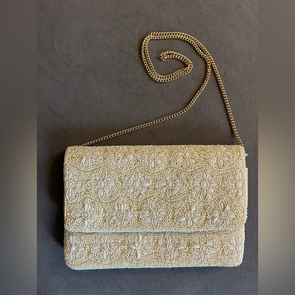 NWT! Cream Floral Beaded Clutch with Gold Strap